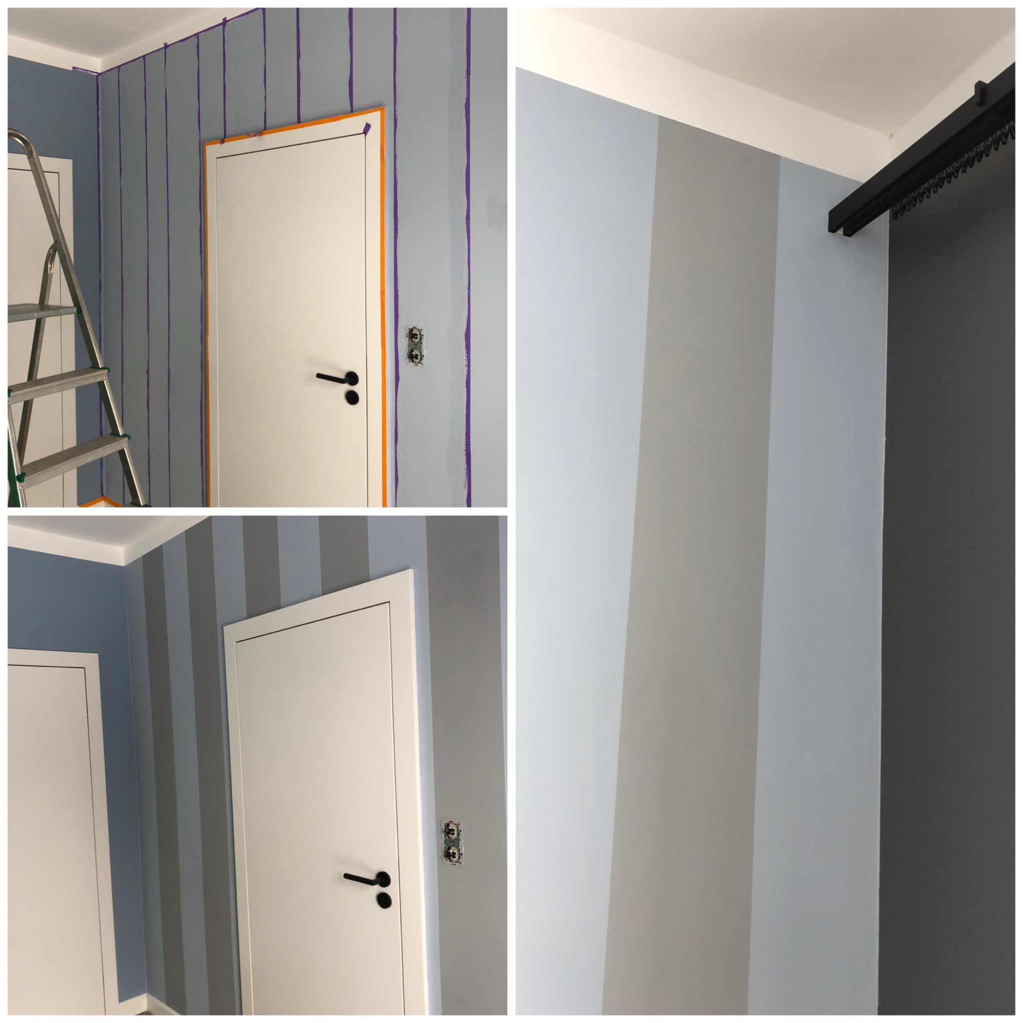 Ściana w trakcie malowania w pionowe pasy, z widocznymi liniami pomocniczymi wykonanymi fioletowym pisakiem i taśmą malarską przy białych drzwiach i włączniku elektrycznym, oraz gotowy fragment...