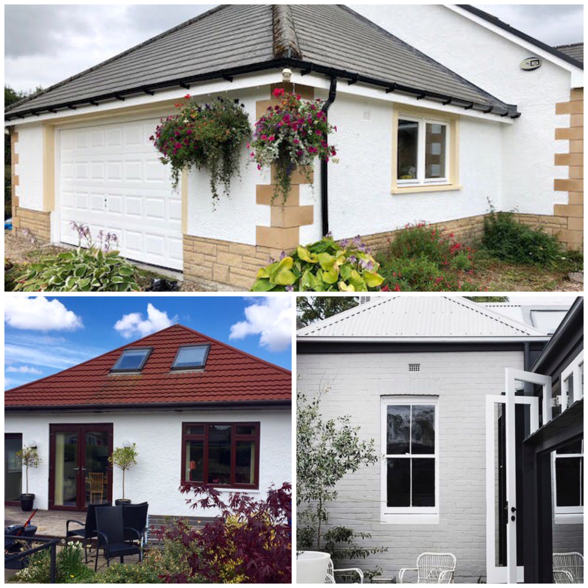 Kolaż trzech zdjęć elewacji budynków: biała elewacja z garażem, szara dachówka, wiszące kwiaty; biała elewacja z czerwoną dachówką, okna dachowe, krzesła na tarasie; szara ceglana elewacja, białe...