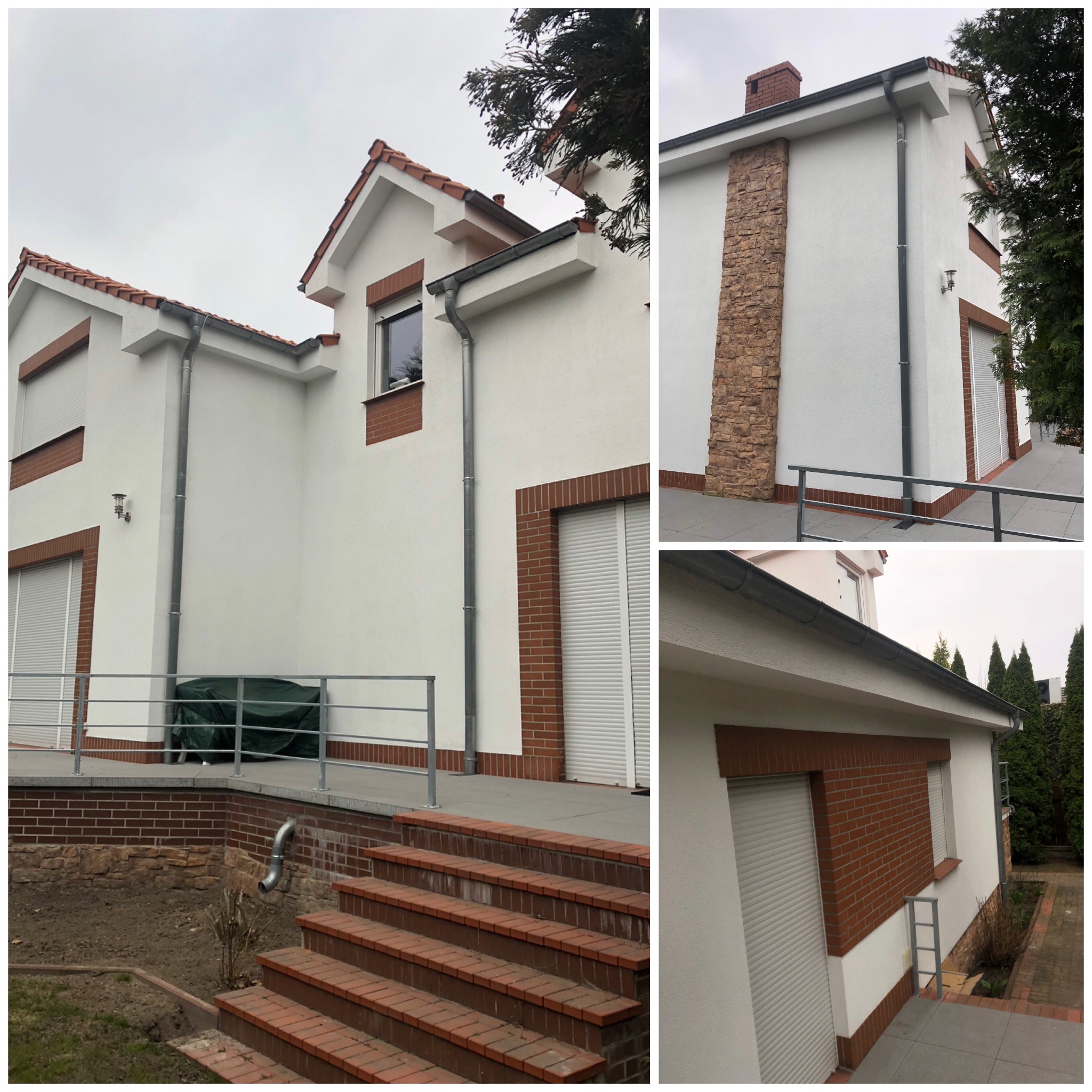 Biała elewacja domu z ceglanymi detalami, widoczne schody z cegły klinkierowej, fragment ogrodu i szara balustrada.