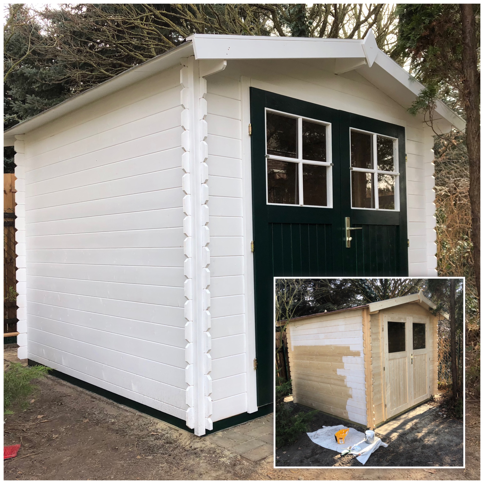 Biała, drewniana altana ogrodowa z ciemnozielonymi drzwiami i oknami, widoczna w ogrodzie, z małym zdjęciem w rogu przedstawiającym etap malowania.