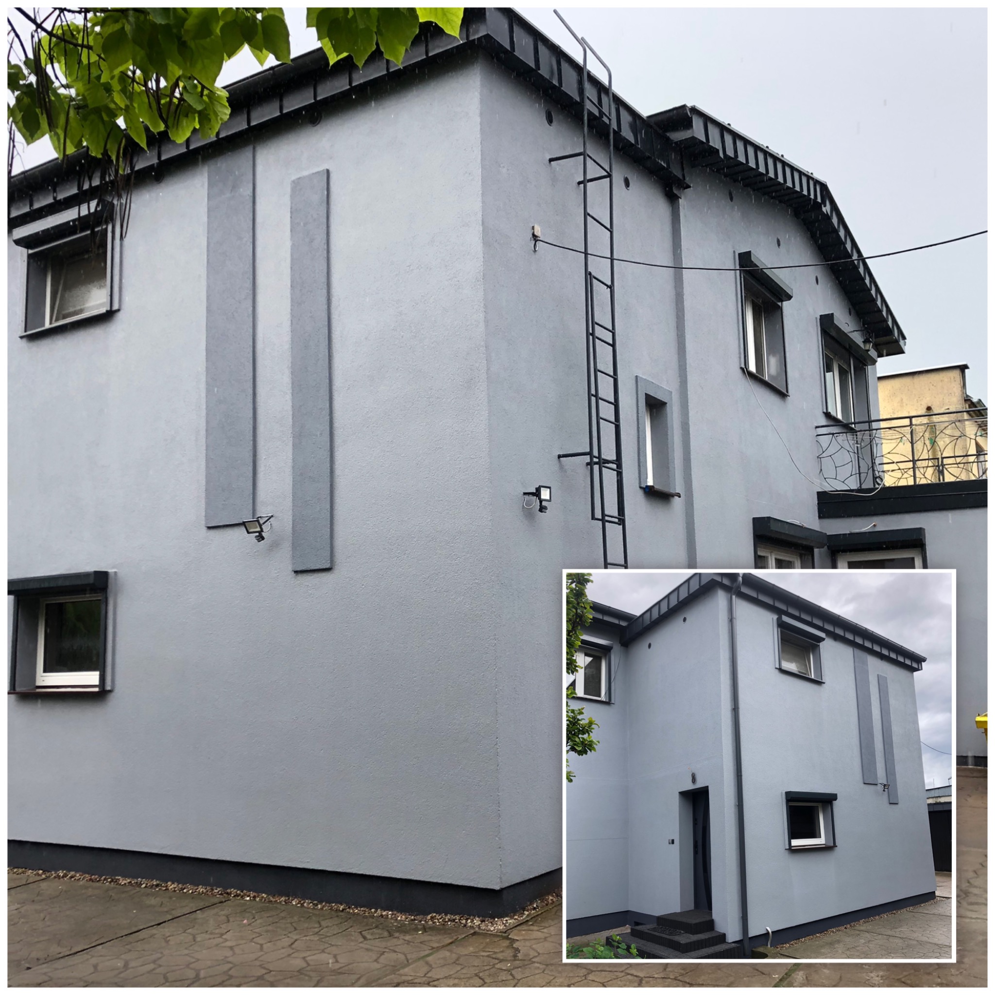 Szara elewacja domu po malowaniu z dekoracyjnymi pasami, oknami z roletami i metalową drabiną. Dodatkowe ujęcie z boku w prawym dolnym rogu kadru.