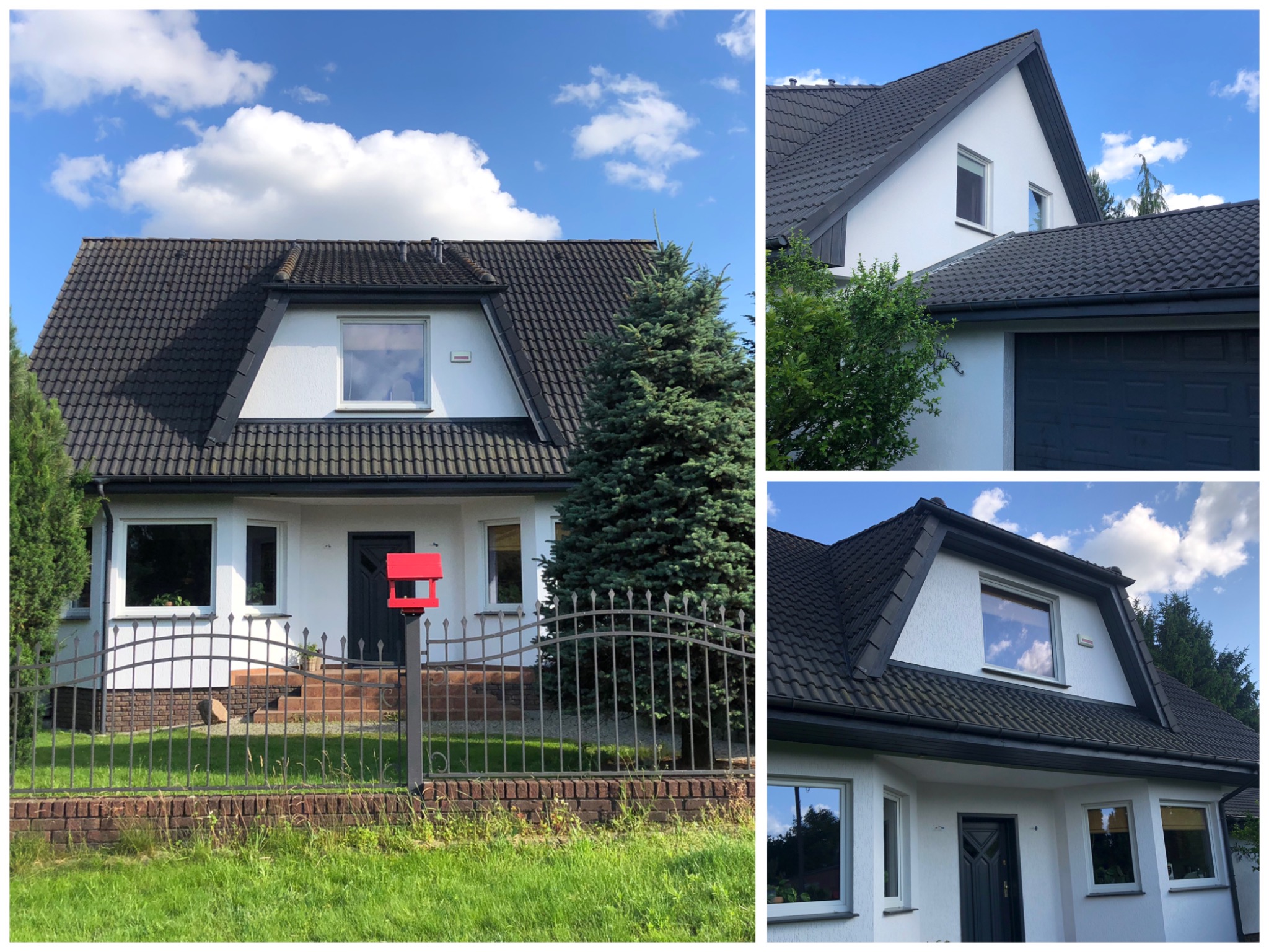 Dom jednorodzinny po renowacji: biała elewacja, ciemna dachówka, detale w kolorze grafitu, czerwona budka dla ptaków. Widok z zewnątrz, słoneczny dzień.