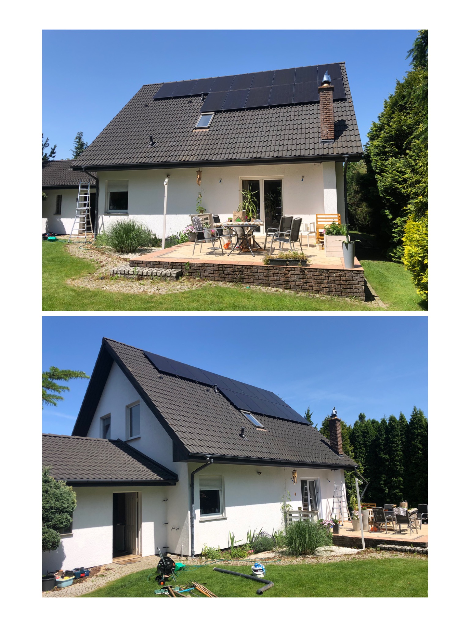 Dwukadrowy widok domu z panelami słonecznymi na dachu, ukazujący elewację przed i po odświeżeniu, z widocznym tarasem i ogrodem w słoneczny dzień.