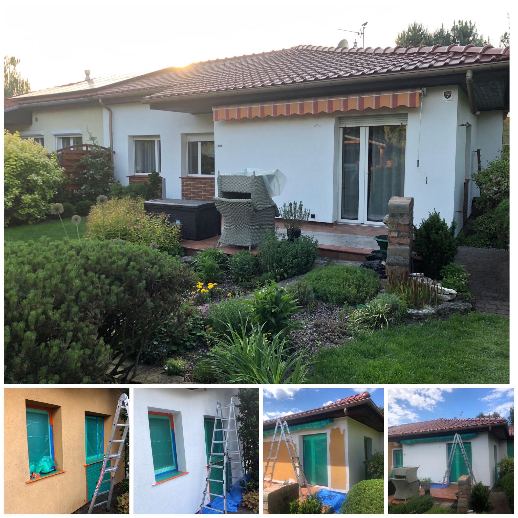 Dom jednorodzinny po częściowym malowaniu elewacji. Okna zabezpieczone folią, widoczna drabina. Część budynku w kolorze białym, druga w odcieniach beżu.