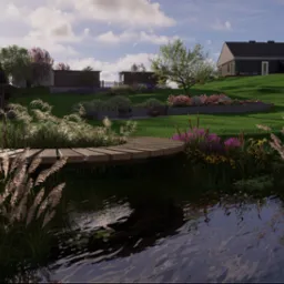 Ogród z drewnianym mostkiem nad stawem, bujną roślinnością i domem w tle. Realistyczna wizualizacja z dbałością o detale oświetlenia i odbić w wodzie.