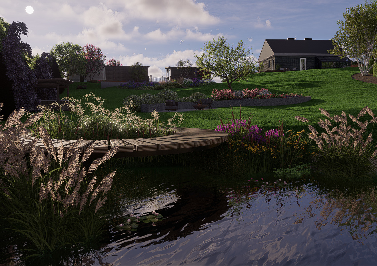 Ogród z drewnianym mostkiem nad stawem, bujną roślinnością i domem w tle. Realistyczna wizualizacja z dbałością o detale oświetlenia i odbić w wodzie.