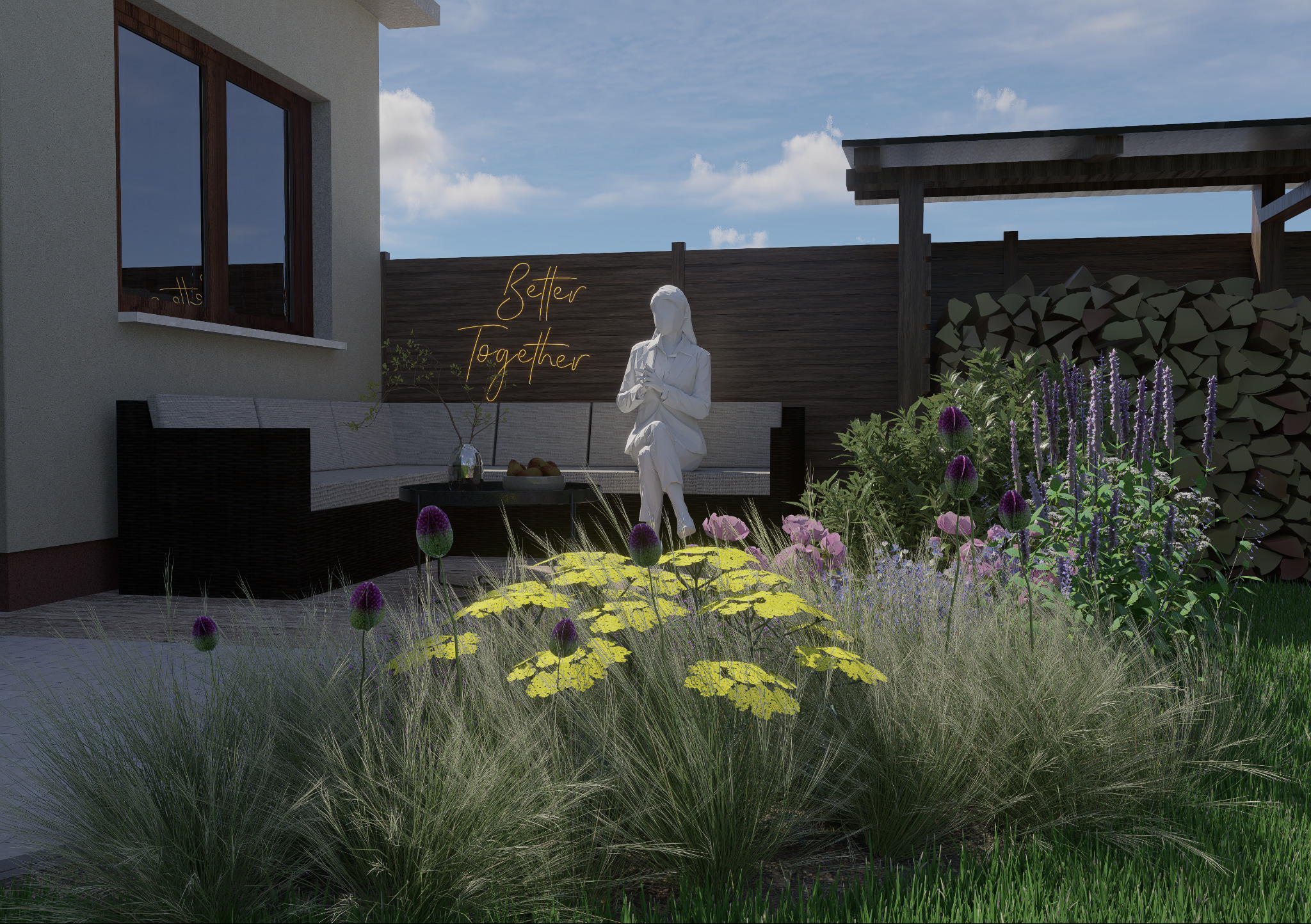Ogród z rzeźbą kobiety siedzącej na sofie, podświetlonym napisem 'Better Together', drewnianym ogrodzeniem i kwiatami w odcieniach fioletu i żółci.