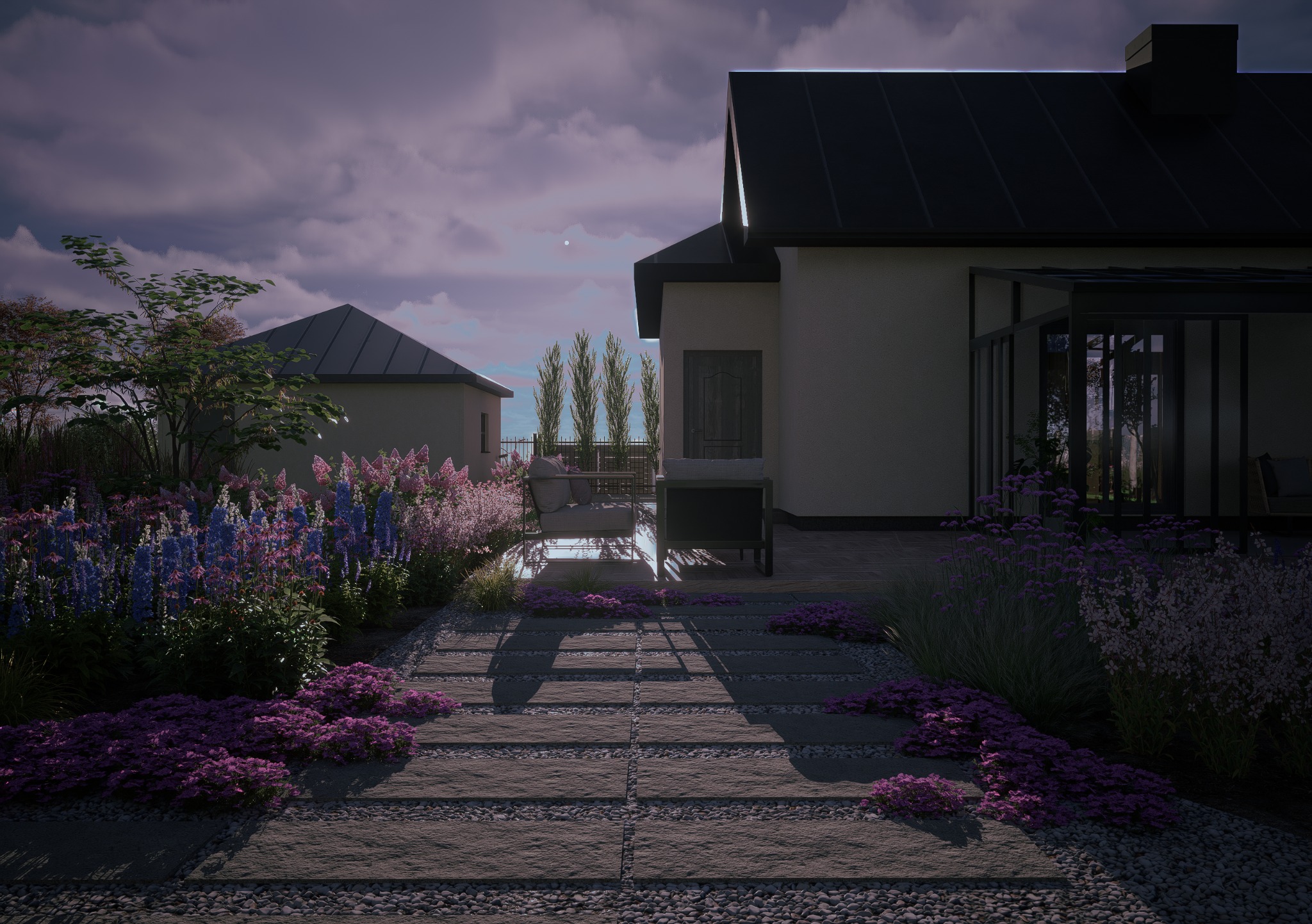 Ogród z kamienną ścieżką i kwitnącymi roślinami prowadzącą do domu z tarasem. Widoczne krzewy, drzewa i elementy architektury ogrodowej w stonowanej kolorystyce.