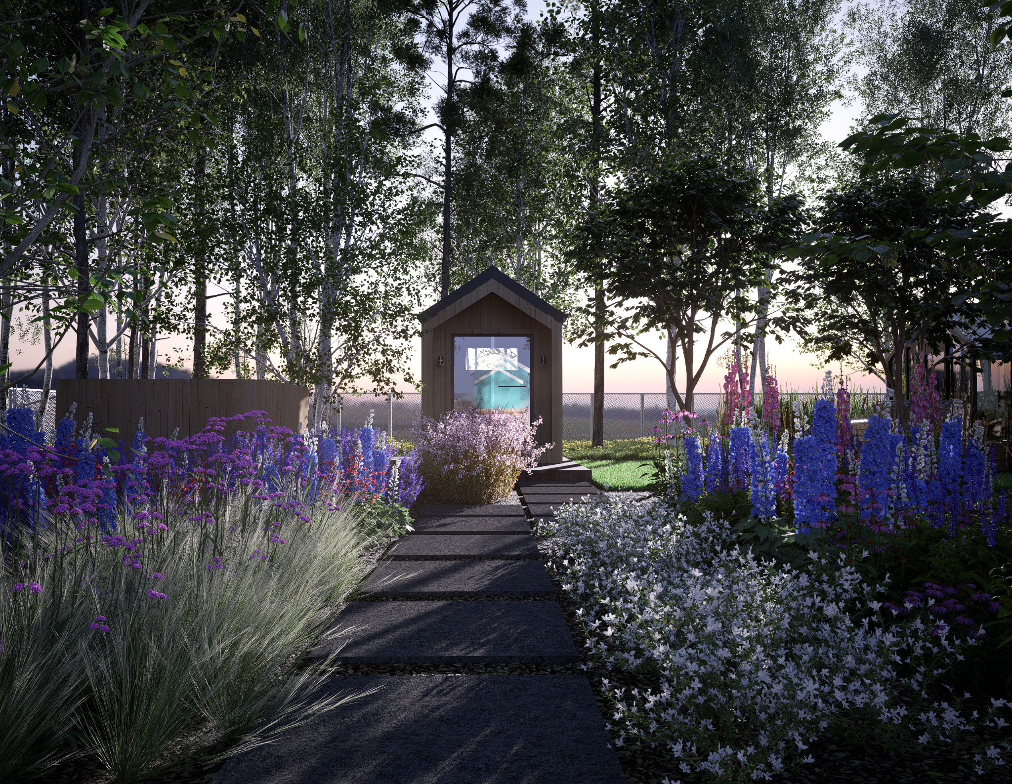 Ścieżka z płyt prowadzi do małego domku w ogrodzie pełnym kwitnących kwiatów. Kompozycja roślinna z dominacją fioletu i bieli. Ujęcie z niskiej perspektywy.