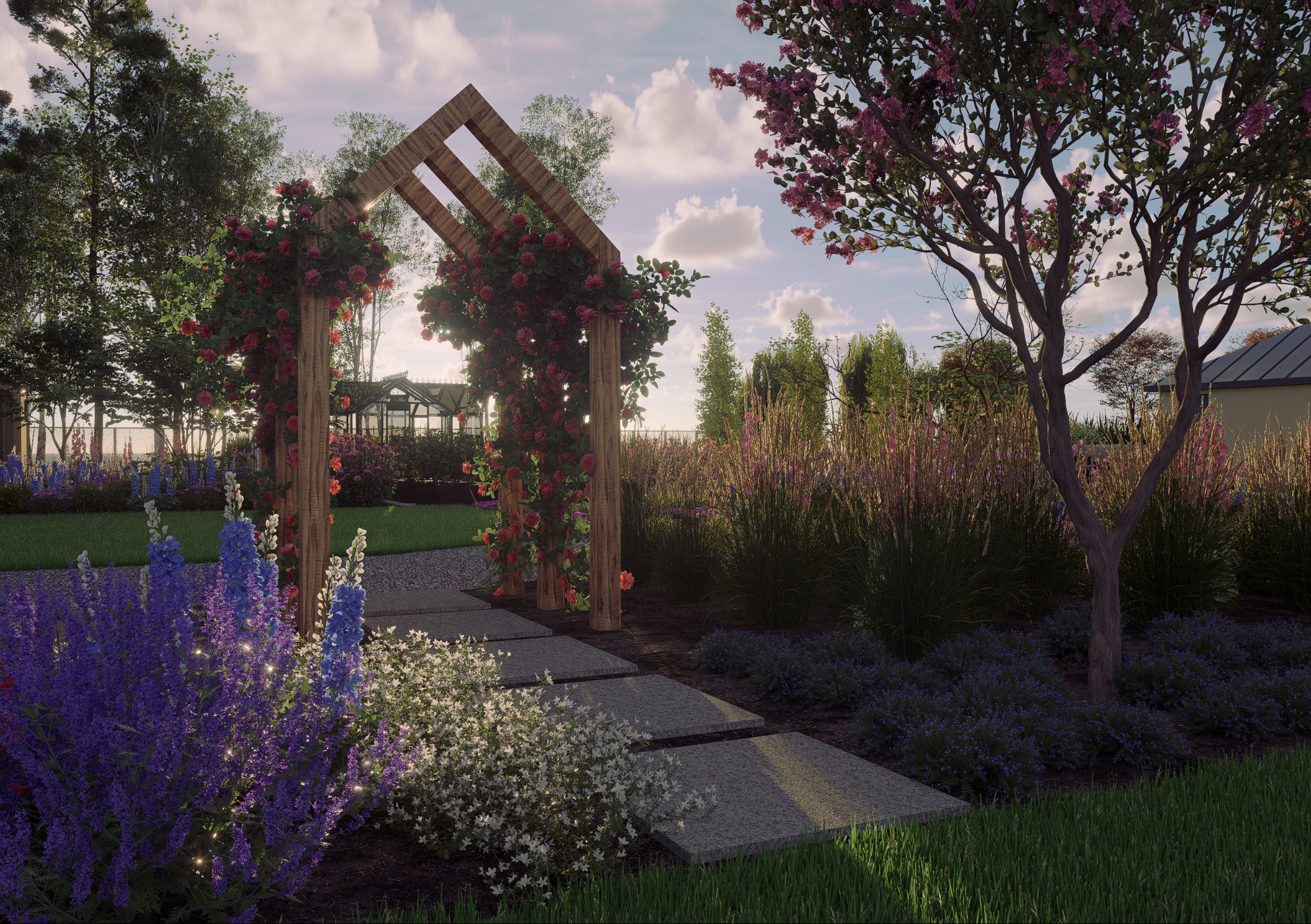 Aranżacja ogrodu z drewnianą pergolą oplecioną różami, kamienną ścieżką i kwitnącymi rabatami. W tle widoczna szklarnia i drzewa, całość w ciepłej, słonecznej tonacji.