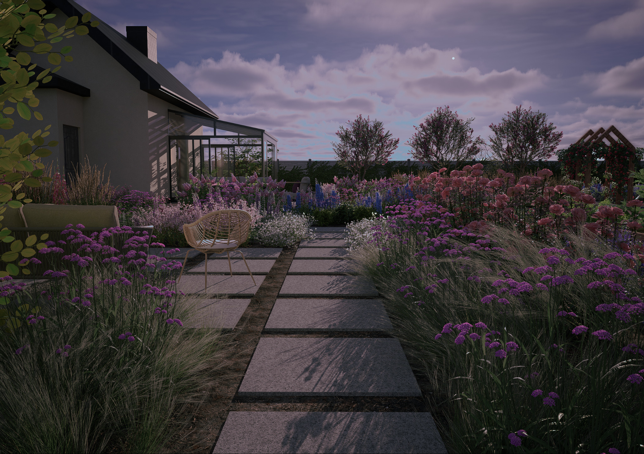 Koncepcja ogrodu z kwitnącymi rabatami, ścieżką z płyt i rattanowym fotelem. W tle dom z oranżerią i drzewa. Wieczorny klimat podkreśla oświetlenie i kolorystyka.