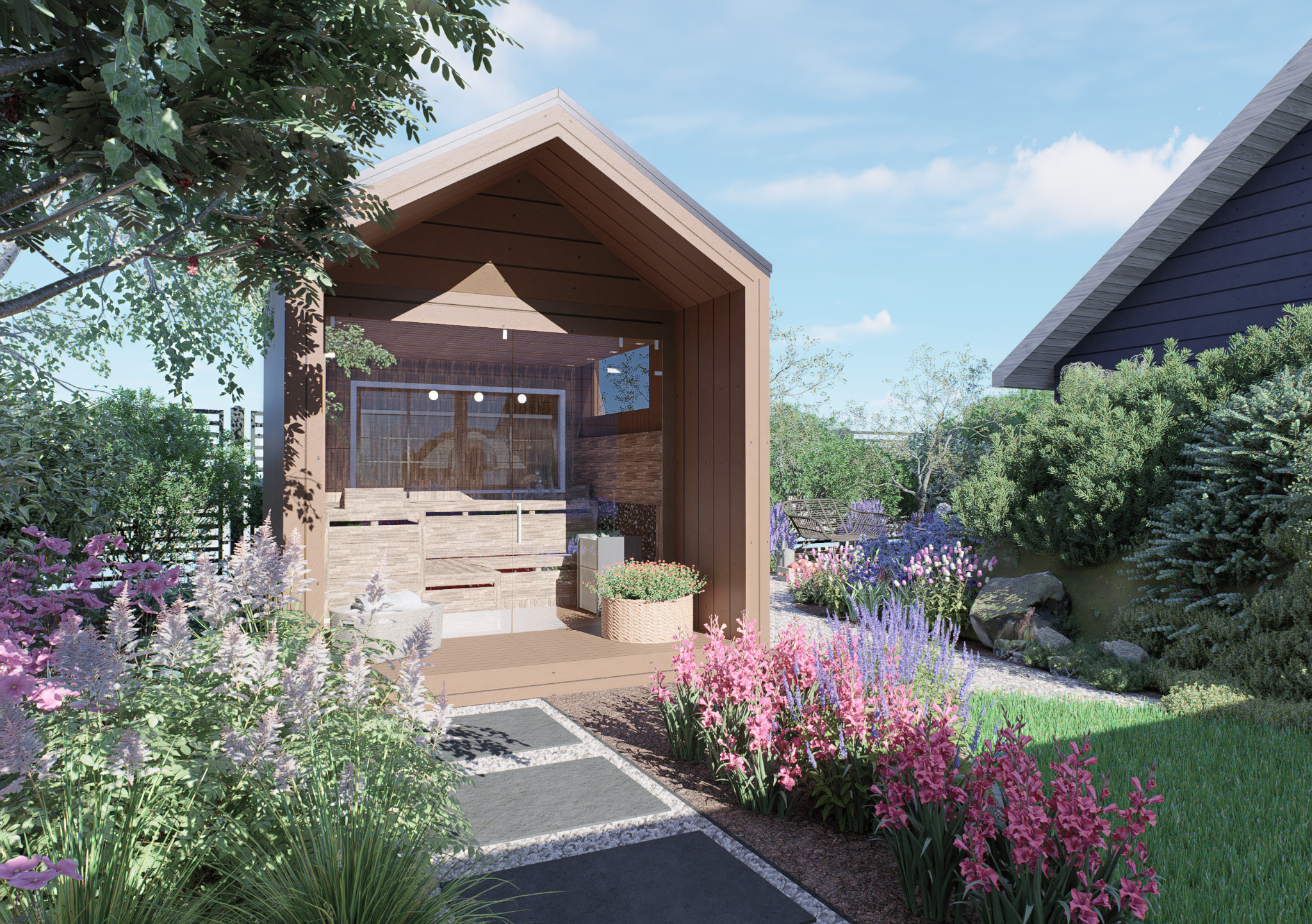 Nowoczesna altana z grillem, otoczona kwitnącymi rabatami i ścieżką z płyt. Widok na zadbany ogród z elementami małej architektury i bujną roślinnością.