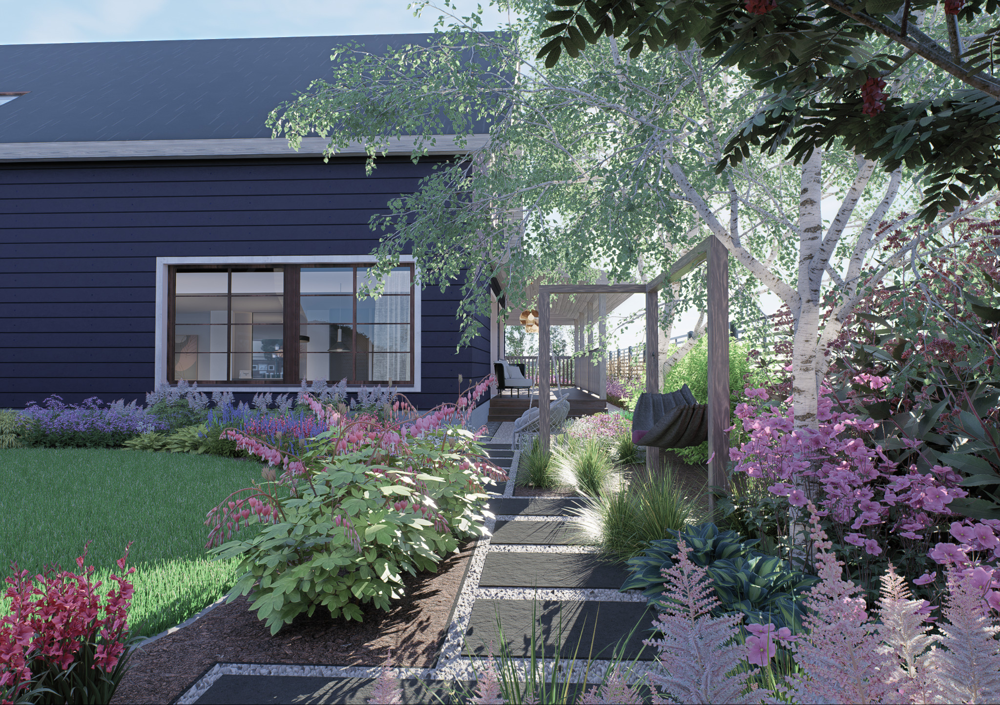 Wizualizacja ogrodu z ścieżką z płyt, prowadzącą do domu z ciemną elewacją. Bogata roślinność, w tym kwitnące byliny i brzozy, tworzy malowniczy krajobraz.