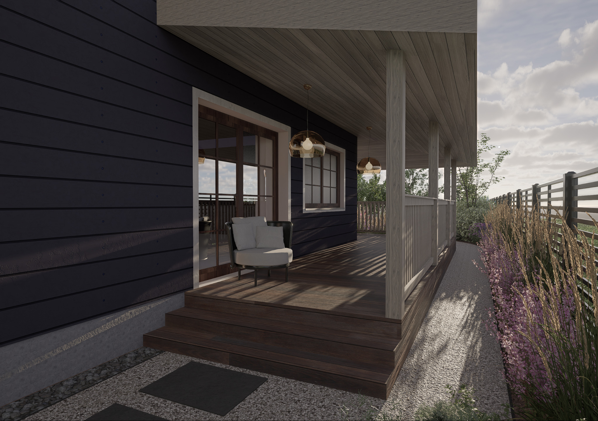 Zadaszony taras z drewnianą podłogą i meblami ogrodowymi, otoczony roślinnością. Widoczne lampy wiszące i elementy architektury krajobrazu.