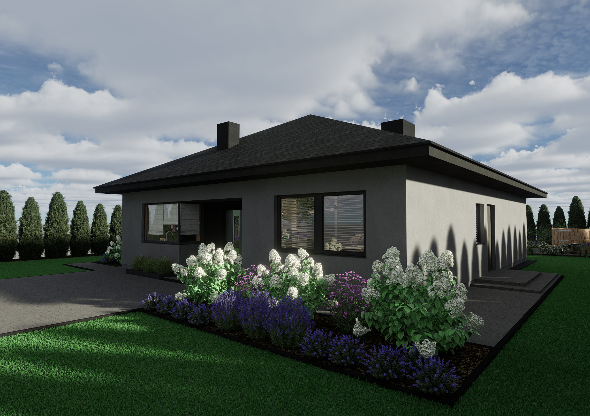 Wizualizacja domu z ogrodem: rabaty z hortensjami i lawendą, trawnik, ścieżka z kostki. Nowoczesna bryła budynku z ciemną dachówką i stolarką okienną.