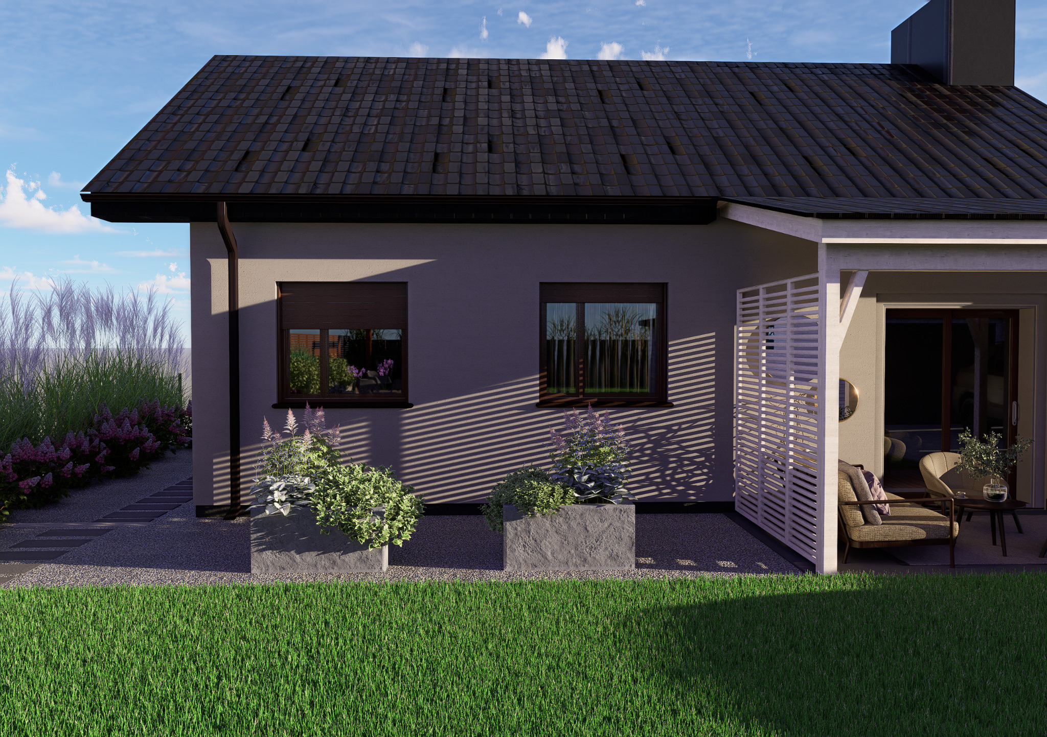 Nowoczesny dom z tarasem i zadbanym ogrodem. Betonowe donice z roślinami, trawnik i ścieżka z kamieni. Minimalistyczny design, spokojna kolorystyka.