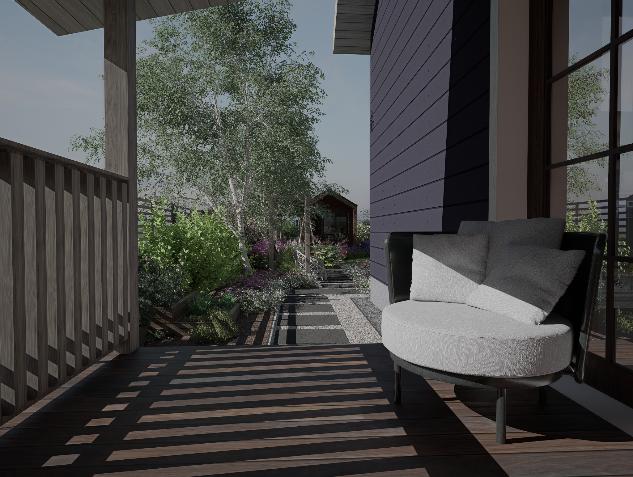 Zadaszony taras z drewnianą podłogą i widokiem na ogród z ścieżką z kamieni. Wygodny fotel z poduszkami zaprasza do relaksu w otoczeniu zieleni.