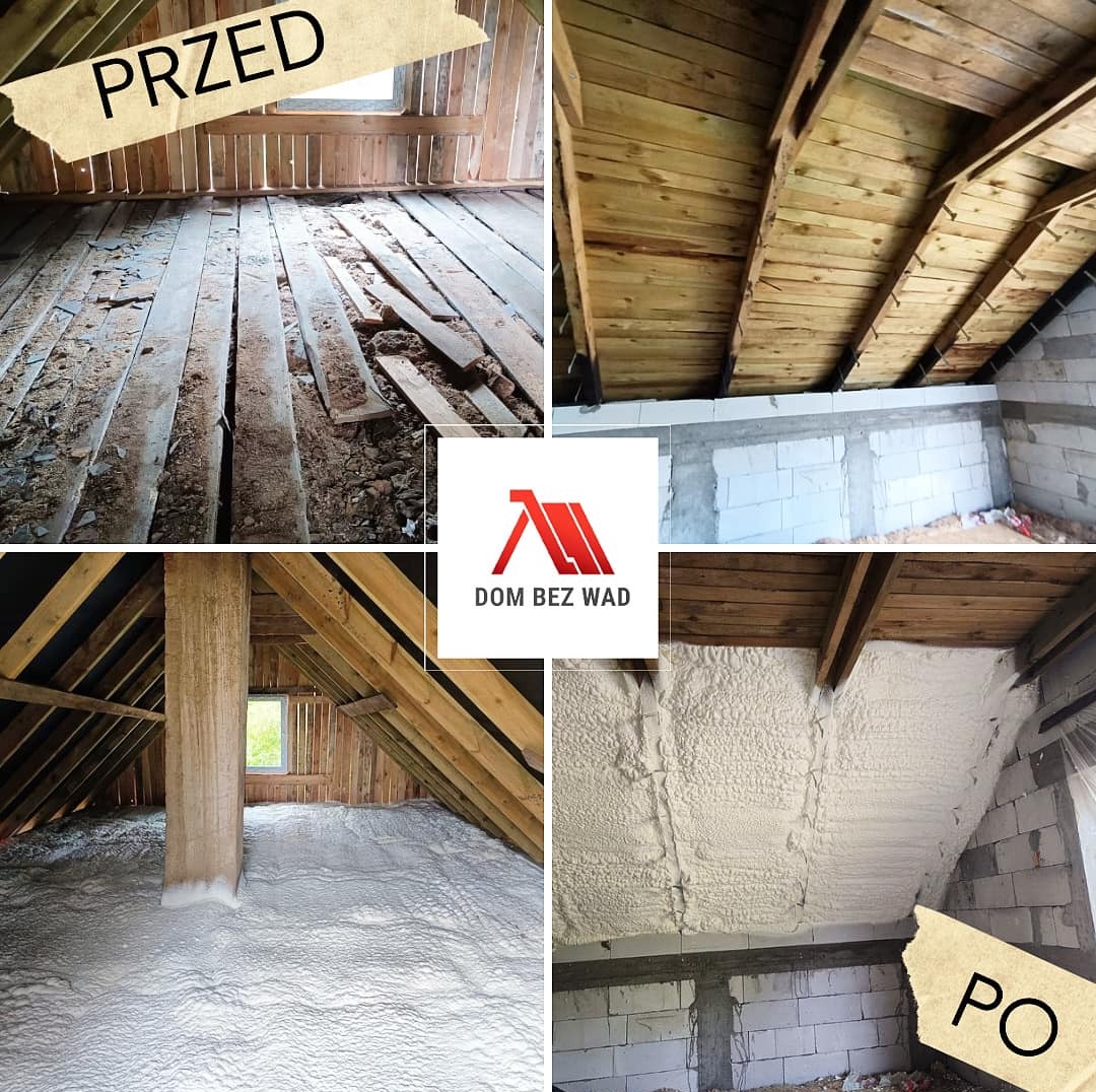 Kolaż zdjęć poddasza 'przed' i 'po' ociepleniu pianką, z widoczną konstrukcją dachu i ścianami z pustaków, oraz logo firmy w centrum.