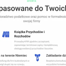 Grafika reklamowa usług księgowych, w tym pełnej księgowości, książki przychodów i rozchodów, ryczałtu oraz rozliczania usług budowlanych w Niemczech, z hasłem 'Usługi dopasowane do Twoich potrzeb'.