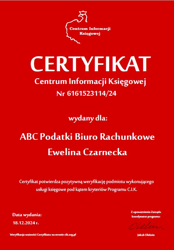Certyfikat Centrum Informacji Księgowej nr 6161523114/24 wydany dla ABC Podatki Biuro Rachunkowe Ewelina Czarnecka, potwierdzający pozytywną weryfikację usług księgowych pod kątem kryteriów...