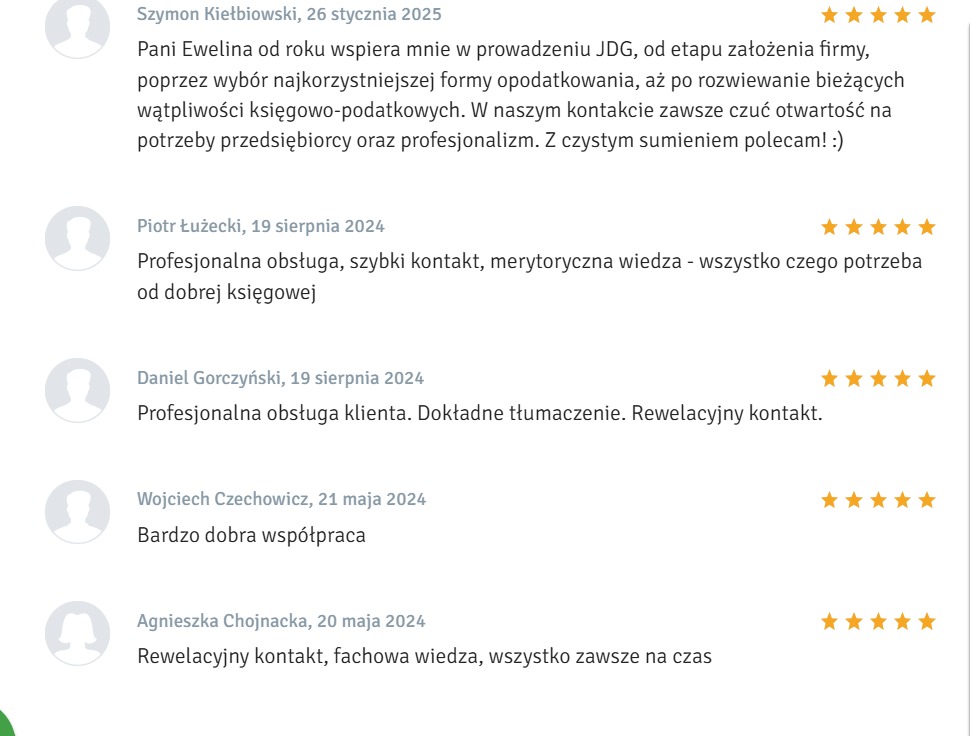 Zrzut ekranu z pozytywnymi opiniami klientów z oceną pięciogwiazdkową, chwalących profesjonalną obsługę, szybki kontakt i merytoryczną wiedzę.