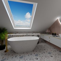 Sylwia Faron - Nowoczesna łazienka na poddaszu z owalną wanną, umywalką nablatową, lustrem z podświetleniem LED i oknem dachowym z widokiem na błękitne niebo.