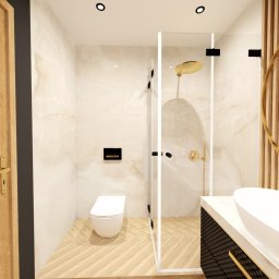 Sylwia Faron - Wizualizacja łazienki z kabiną prysznicową, umywalką nablatową i toaletą w stylu nowoczesnym, z drewnianymi akcentami i złotymi detalami.