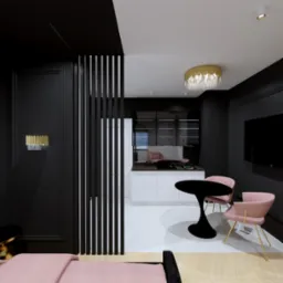 Wizualizacja wnętrza: czarno-biała kuchnia z wyspą i r&oacute;żowymi krzesłami, oddzielona od sypialni czarnym ażurowym przepierzeniem, złoty żyrandol i lampa ścienna.