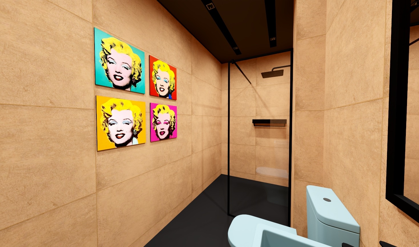 Wnętrze łazienki z beżowymi płytkami, czarną podłogą i kabiną prysznicową, ozdobione czterema kolorowymi portretami Marilyn Monroe w stylu pop-art.