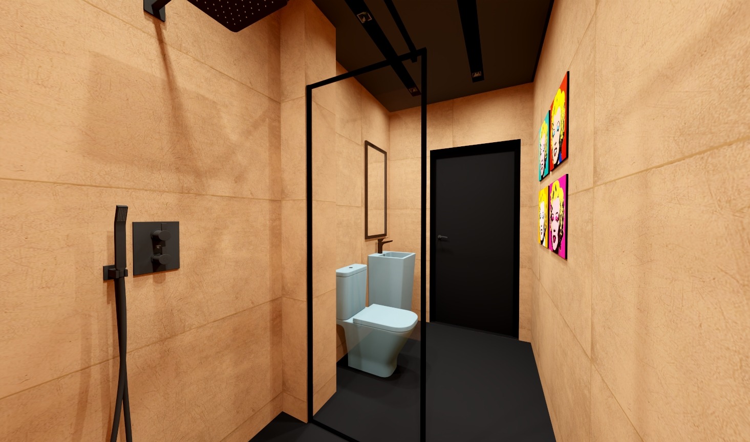Wizualizacja łazienki z beżowymi płytkami, czarną armaturą i elementami pop-art: kabina prysznicowa typu walk-in, toaleta z umywalką w jednym bloku, czarne drzwi i kolorowe portrety na ścianie.