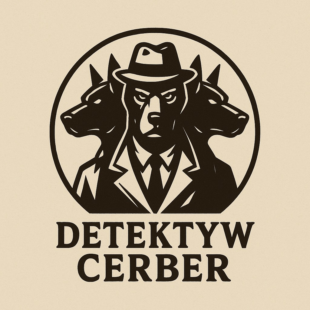 Grafika: stylizowany wizerunek psa w kapeluszu i garniturze, otoczonego dwoma psimi głowami, w okręgu. Pod spodem napis 'Detektyw Cerber'.