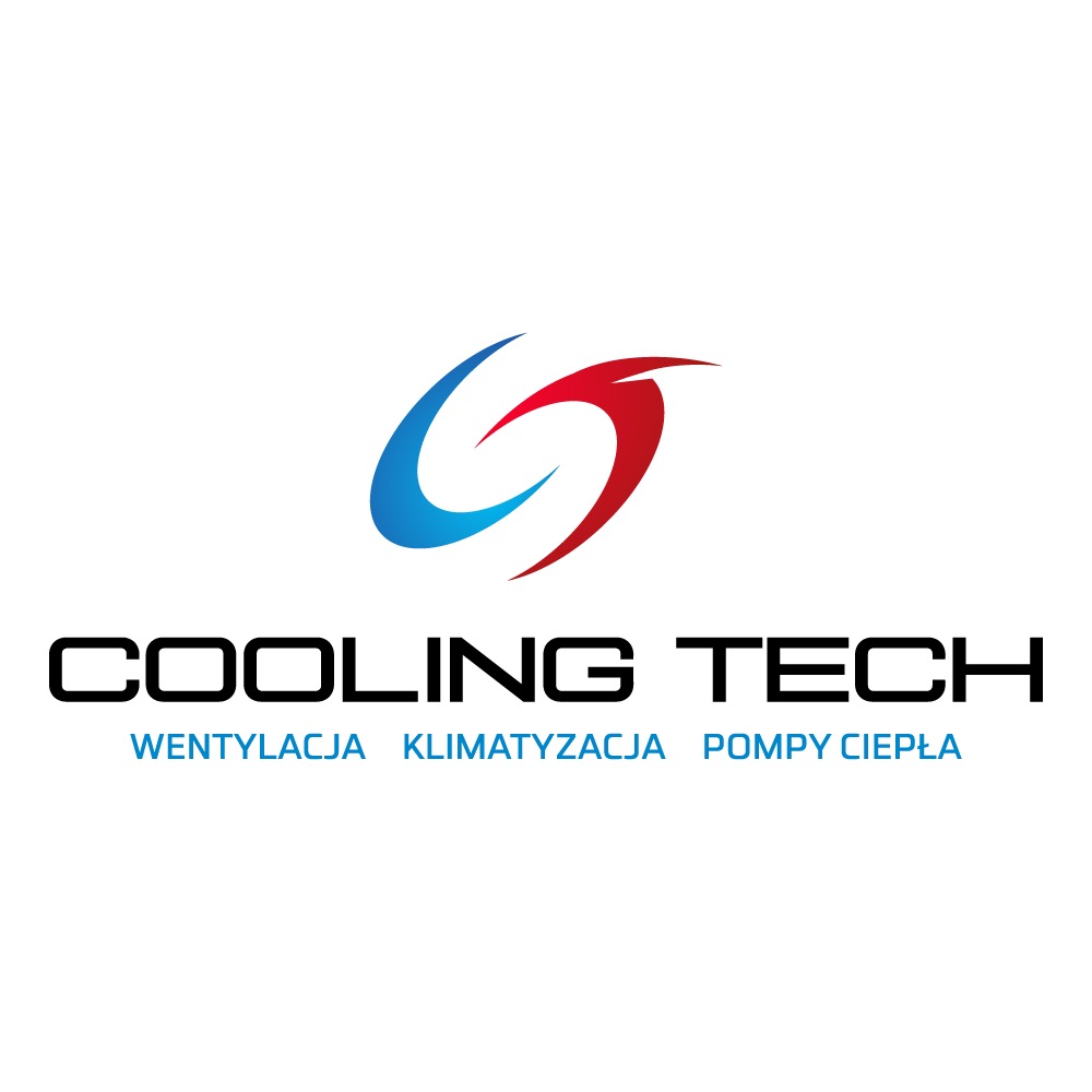 Logo firmy Cooling Tech z niebiesko-czerwonym symbolem przypominającym wir oraz napisem 'COOLING TECH' i hasłem 'WENTYLACJA KLIMATYZACJA POMPY CIEPŁA' w kolorze niebieskim.
