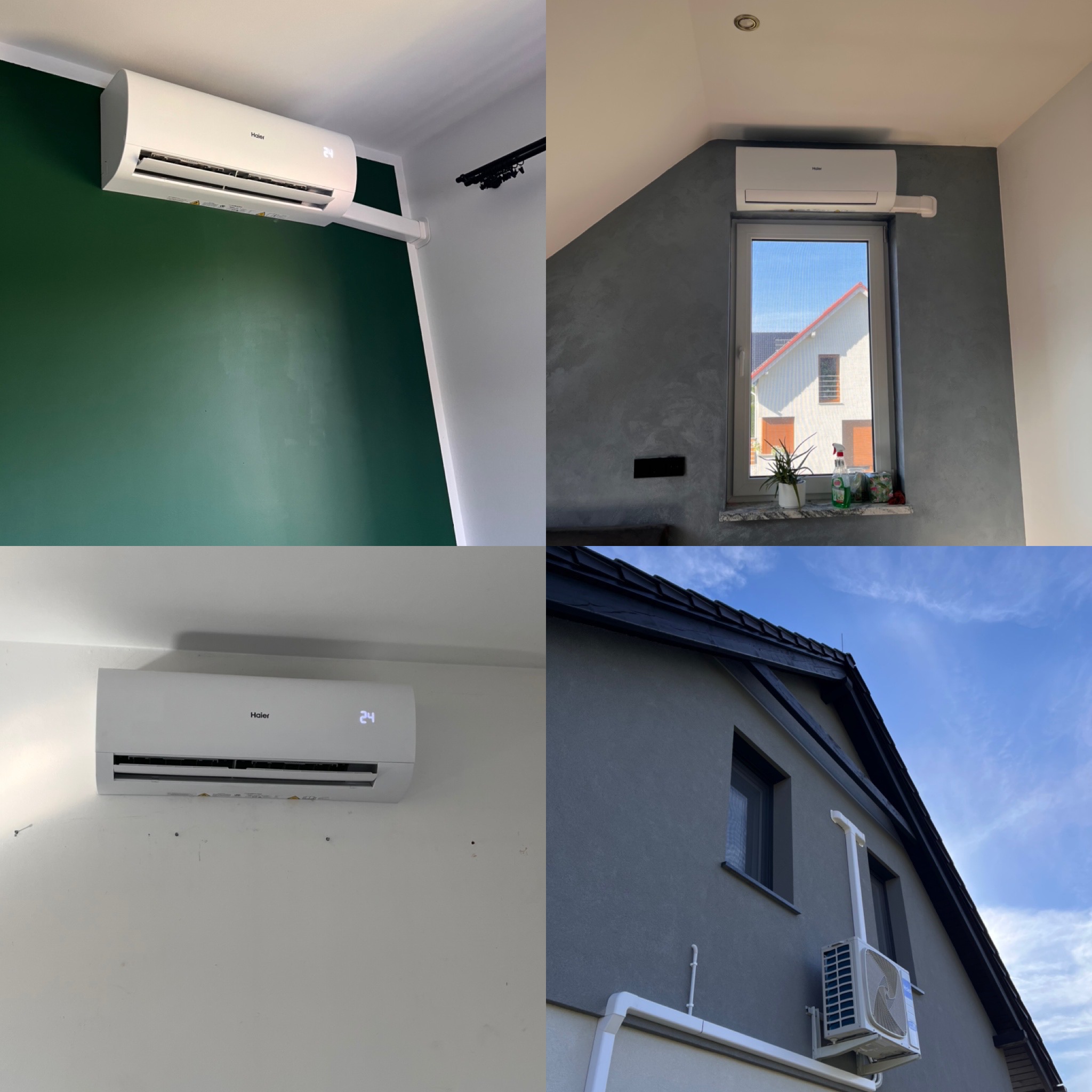 Kolaż czterech ujęć klimatyzatora Haier: zielona ściana, szara ściana z oknem, biała ściana oraz zewnętrzny montaż na elewacji domu z widokiem na błękitne niebo.