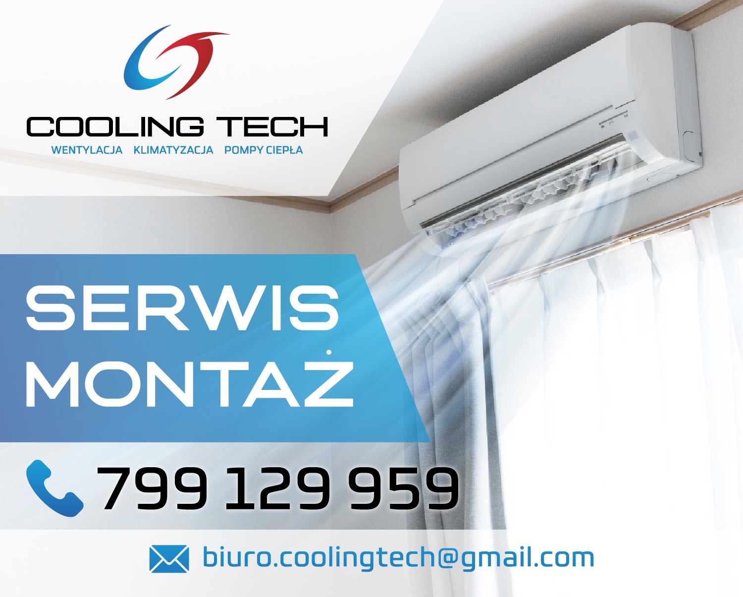 Biały klimatyzator ścienny z logotypem firmy Cooling Tech, z widocznym efektem chłodzenia, zamontowany nad oknem z zasłonami.