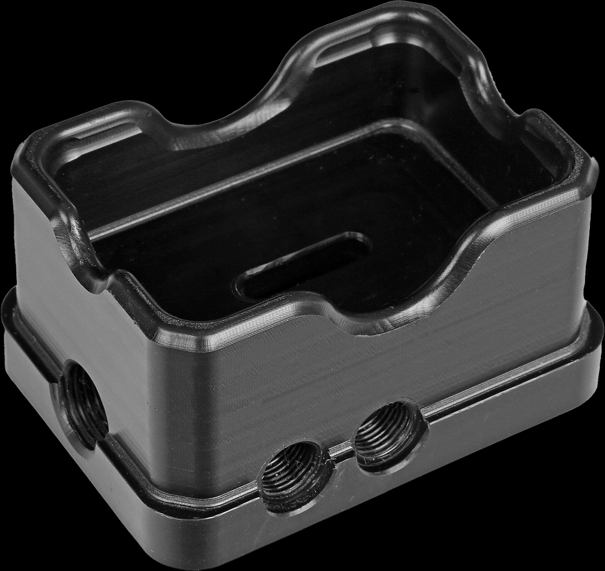 Czarny, precyzyjnie wykonany element z tworzywa sztucznego z widocznymi otworami gwintowanymi i wgłębieniem, sfotografowany na jednolitym czarnym tle.