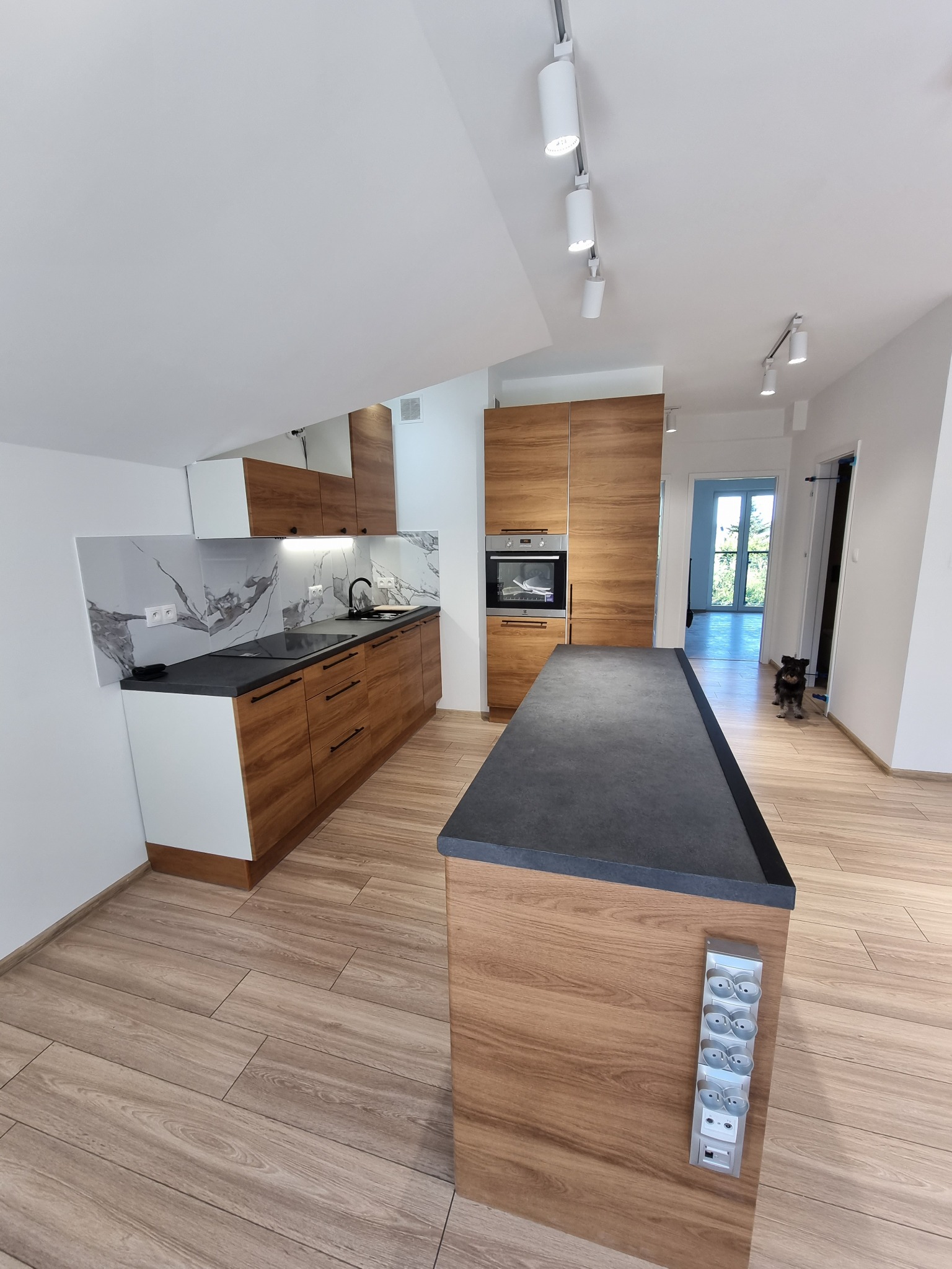 Nowoczesna kuchnia z drewnianymi frontami szafek, czarnym blatem i marmurowym backsplashiem, oświetlona reflektorami, z wyspą kuchenną z gniazdkami i psem w tle.