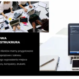 Zespół osób pracujących przy biurku z laptopami, tabletami i notatkami, widok z góry, z bliska widoczny laptop z kodem programistycznym, notatnik i smartfon na białym biurku.