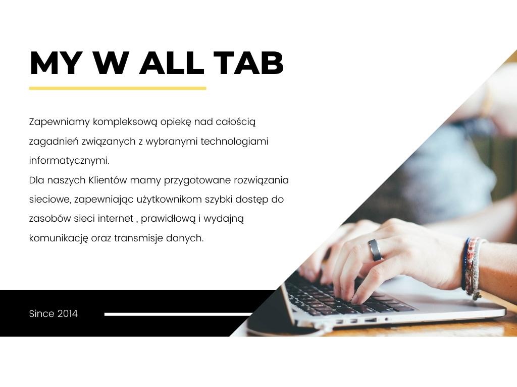 Tekst reklamowy firmy IT 'MY W ALL TAB' z widocznymi dłońmi programisty pracującego na laptopie, skupionego na kodowaniu.