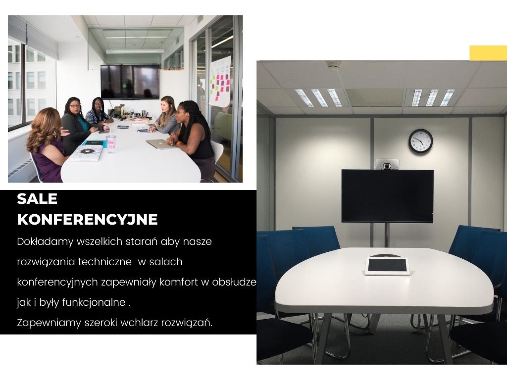 Dwie sale konferencyjne: jedna z grupą osób przy stole, druga pusta z zamontowanym ekranem i zegarem na ścianie.