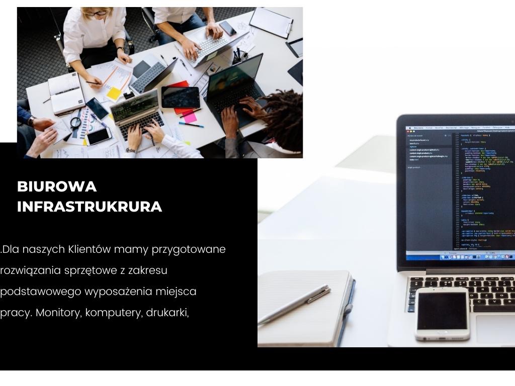 Zespół osób pracujących przy biurku z laptopami, tabletami i notatkami, widok z góry, z bliska widoczny laptop z kodem programistycznym, notatnik i smartfon na białym biurku.