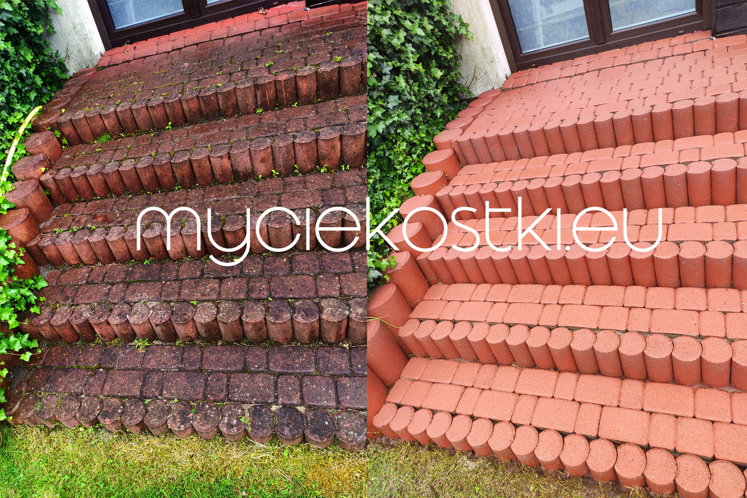 Schody z kostki brukowej przed i po czyszczeniu, widoczna wyraźna różnica w kolorze i czystości, zarośnięte mchem i trawą przed, czyste i czerwone po.