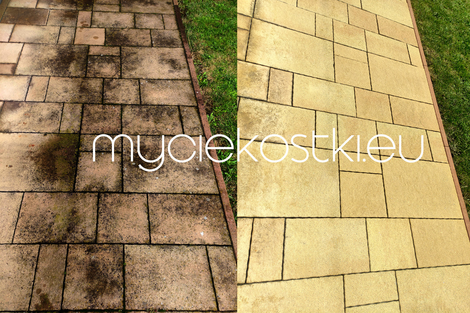 Porównanie kostki brukowej przed i po czyszczeniu: po lewej stronie brudna, pokryta mchem i zabrudzeniami, po prawej stronie czysta i jasna, widoczna trawa po bokach.