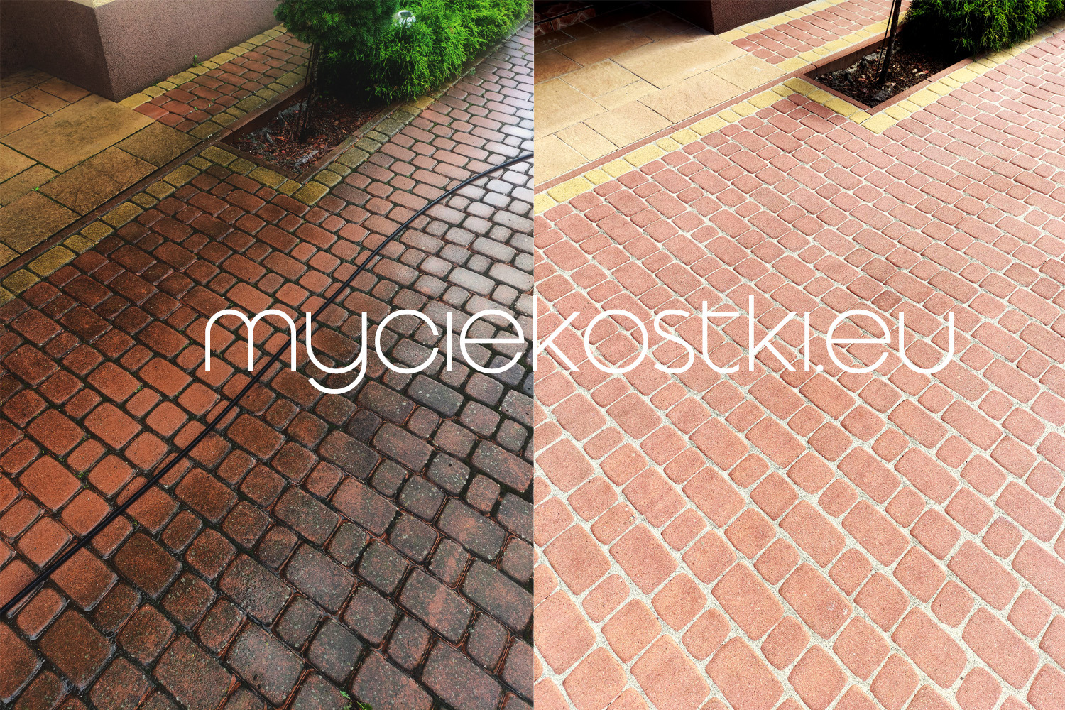 Porównanie kostki brukowej przed i po czyszczeniu w Krakowie, ukazujące wyraźną różnicę w kolorze i czystości. Lewa strona jest zabrudzona i mokra, prawa strona czysta i sucha.
