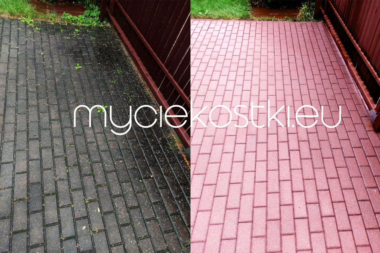 Porównanie: Połowa kostki brukowej wyczyszczona, ukazująca różnicę w kolorze i czystości przed i po zabiegu, widoczne chwasty w fugach przed czyszczeniem.