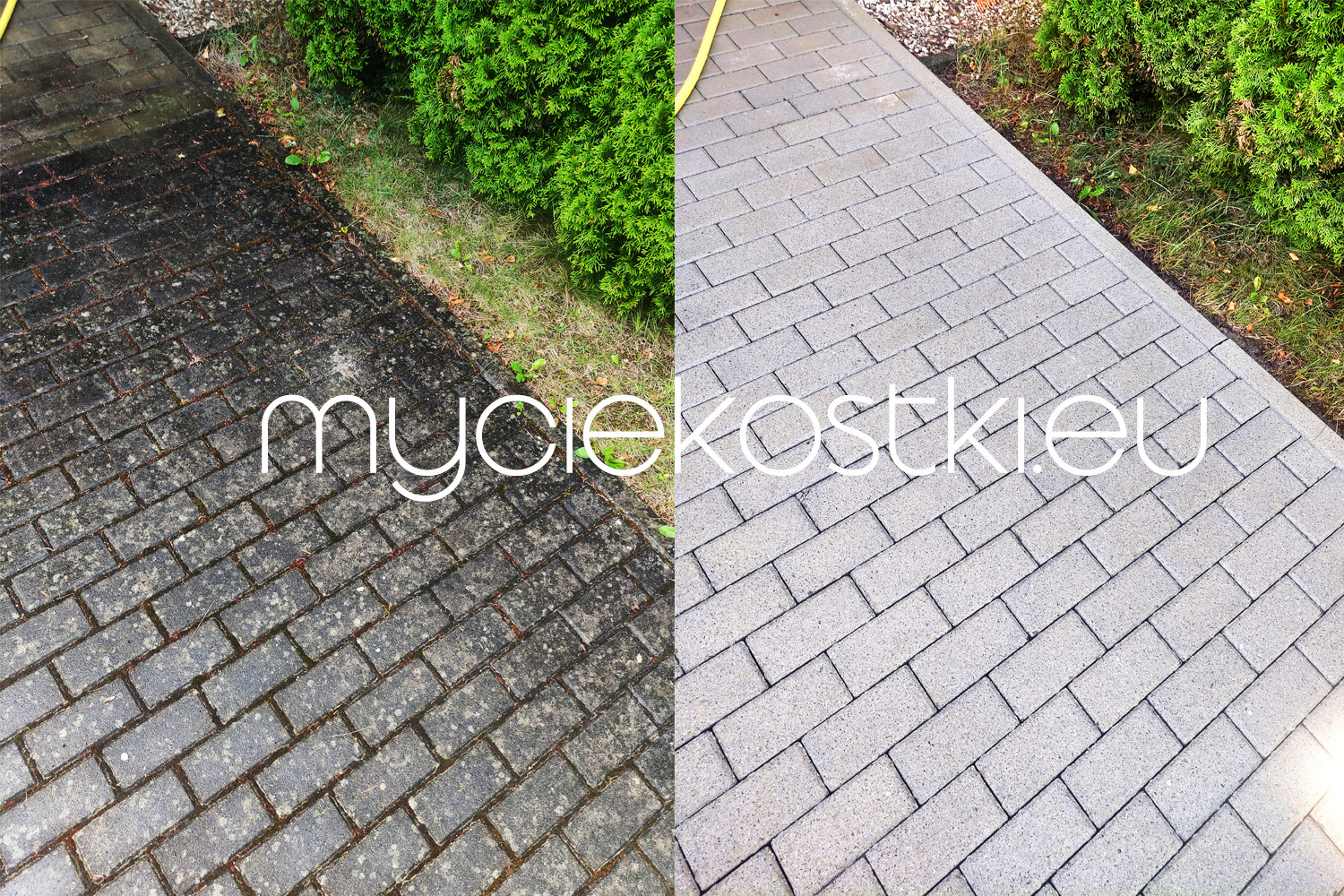 Porównanie: kostka brukowa przed i po czyszczeniu, z widoczną różnicą w kolorze i usunięciu zabrudzeń, z fragmentem węża ogrodowego w tle.