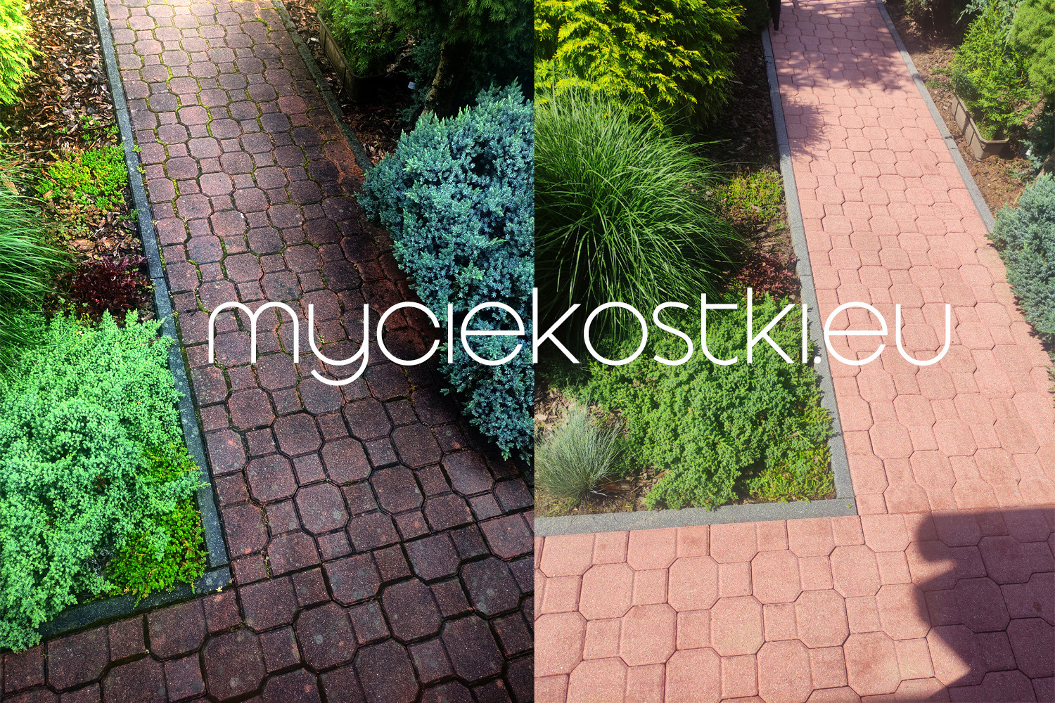 Porównanie kostki brukowej przed i po czyszczeniu, widoczne różnice w kolorze i usunięte zabrudzenia, otoczenie z zadbaną zielenią.