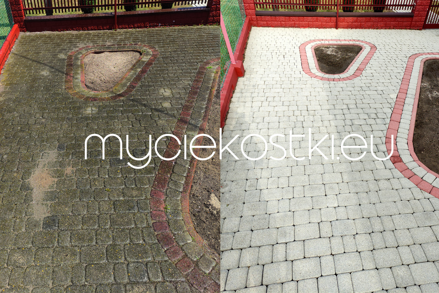Porównanie stanu kostki brukowej przed i po czyszczeniu, z wyraźną różnicą w kolorze i usunięciu zabrudzeń, widoczne obramowanie rabatki.