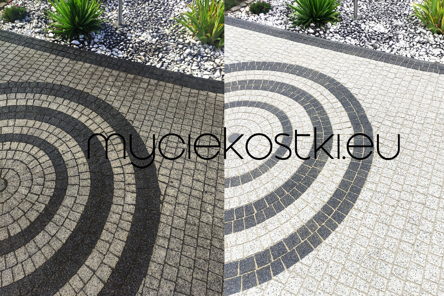 Kostka brukowa ułożona w koncentryczne okręgi, widoczny efekt mycia: lewa strona brudna, prawa czysta, z roślinnością w tle.