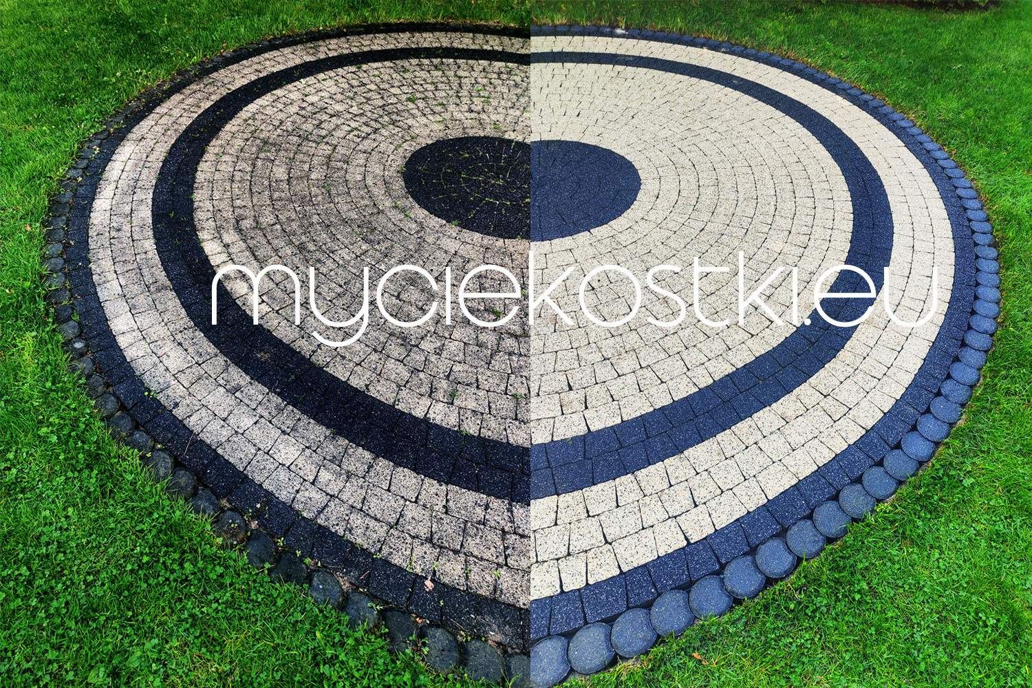 Okrągła kostka brukowa ułożona w koncentryczne okręgi, widok z góry, połowa powierzchni wyczyszczona, druga połowa brudna, widoczna różnica w kolorze i wyglądzie.