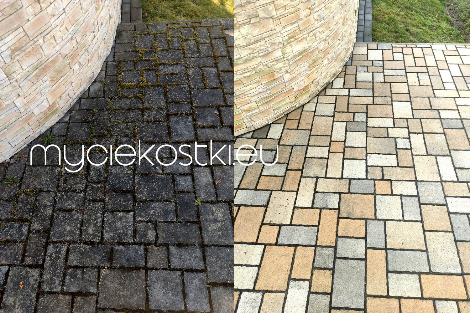 Porównanie kostki brukowej przed i po czyszczeniu, z lewej strony pokryta mchem i zabrudzeniami, z prawej czysta i odnowiona przy murku z kamienia elewacyjnego.